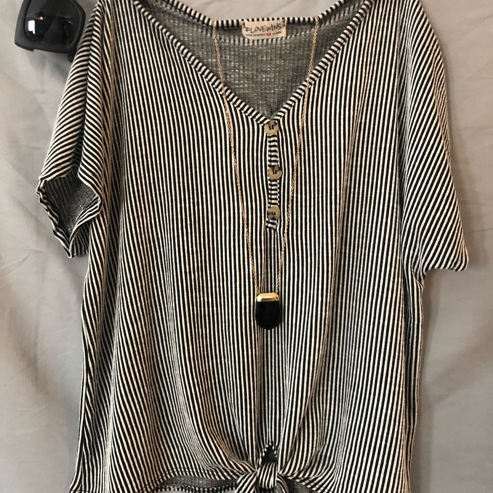 Dolman Style Black & White Striped  Button Up Top
